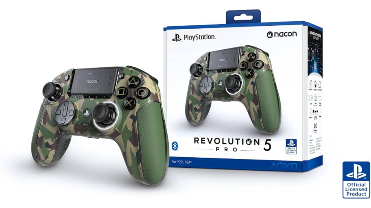 شتر nacon-revolution-5-pro-officially-licensed-playstation-wireless-gaming-controller-forest-camo