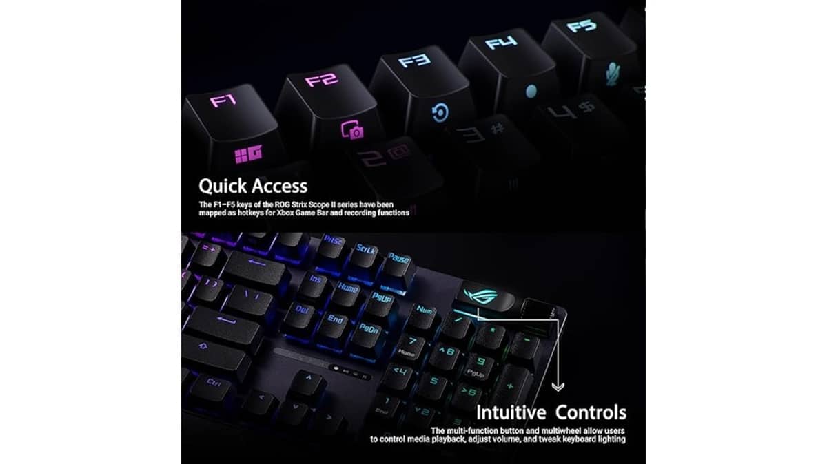 شتر asus-rog-strix-scope-ii-full-size-gaming-keyboard-or-dampening-foam-or-pre-lubed-rog-nx-snow-switches-or-pbt-keycaps-or-multi-function-controls-or-hotkeys-for-xbox-game-bar-and-recording-or-rgb-black-or-us-layout