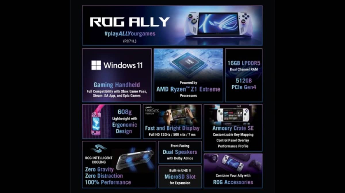 شتر asus-rog-ally-handheld-gaming-console-1778cm-7-inch-120hz-amd-ryzen-z1-extreme-processor-16gb-ram-512gb-ssd-windows-11-home-white