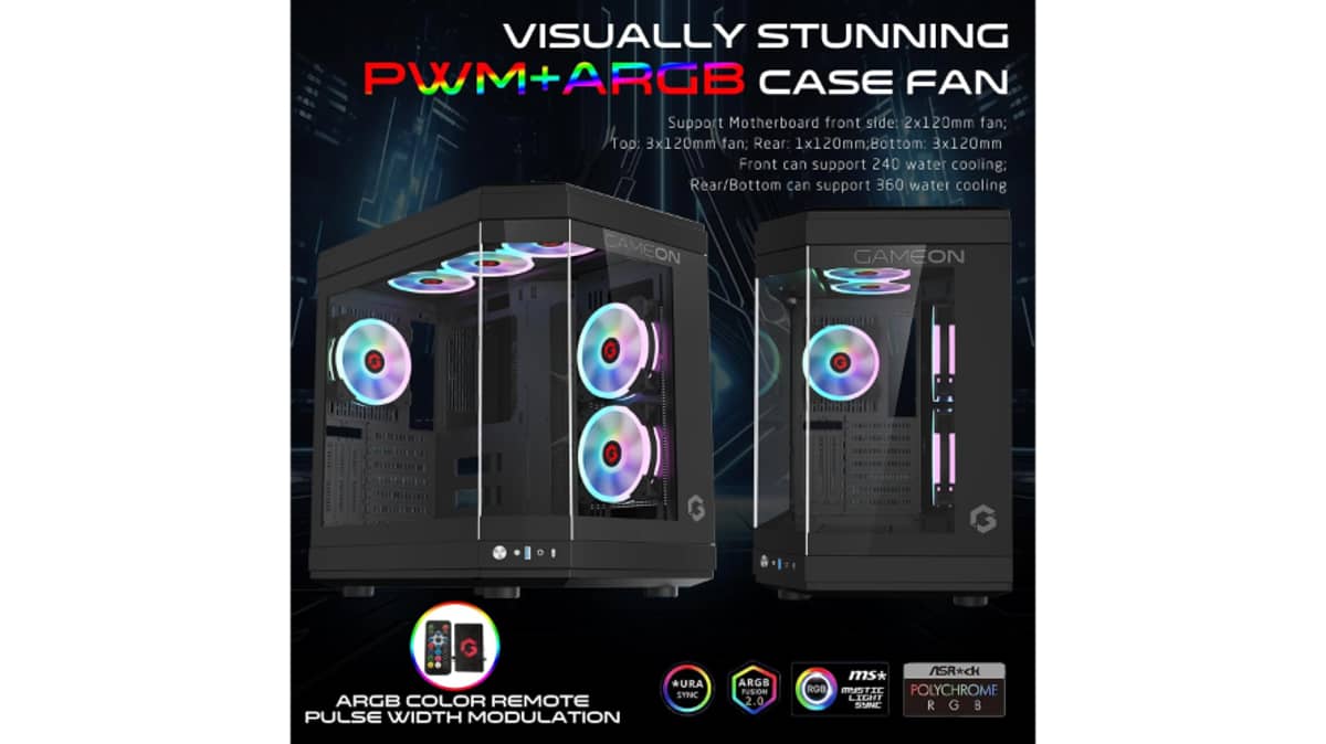 شتر gameon-vortex-arctic-series-3-fan-mid-tower-argbpwm-lighting-gaming-case-black