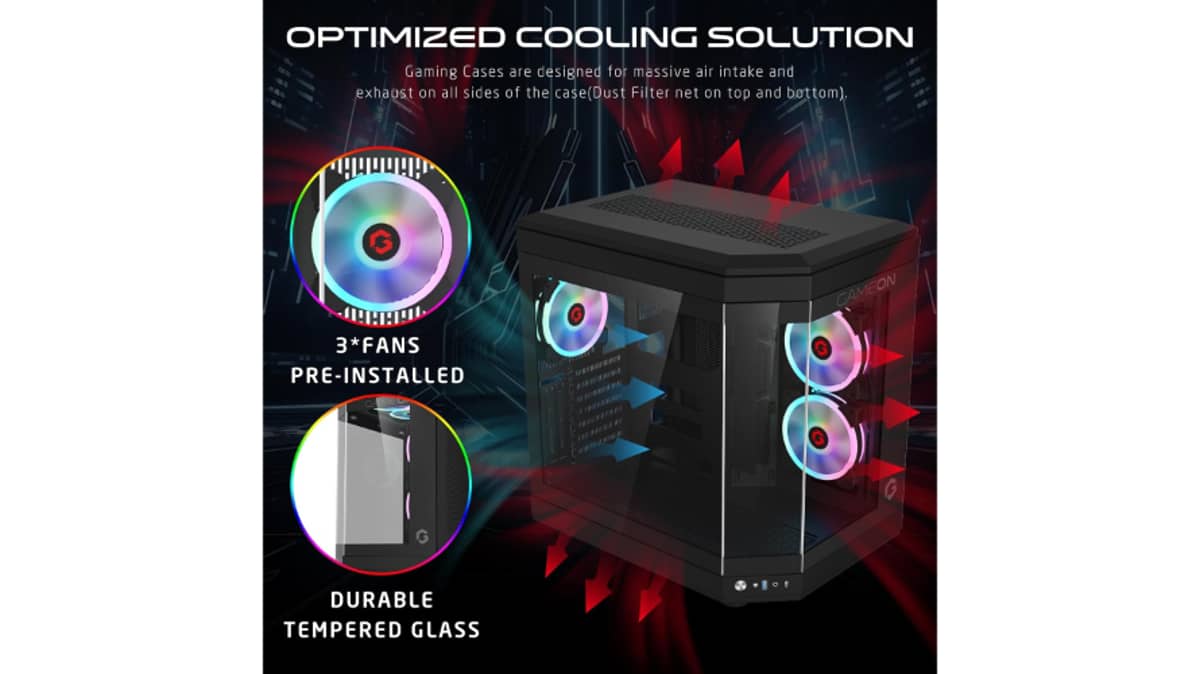 شتر gameon-vortex-arctic-series-3-fan-mid-tower-argbpwm-lighting-gaming-case-black