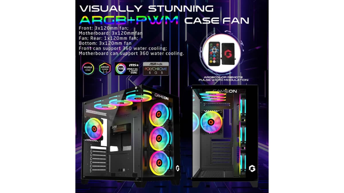 شتر gameon-emperor-midnight-series-7-fan-mid-tower-argbpwm-lighting-gaming-case-black