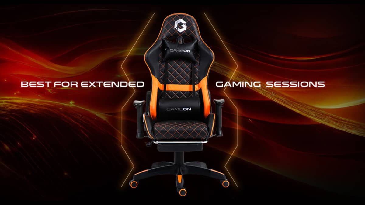 buy gameon-go-bc4d-bo-gaming-chair-with-adjustable-2d-armrest-and-foot-rest-orange-and-black