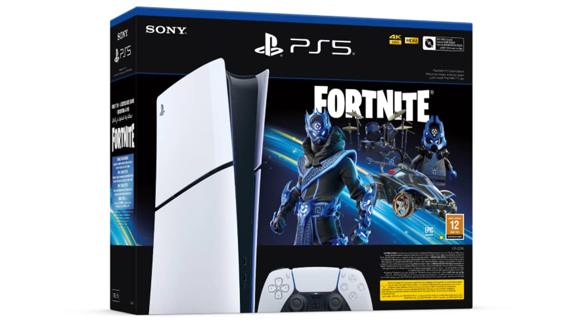 شتر playstation-5-slim-digital-console-with-fortnite-cobalt-star-dlc-voucher-bundle